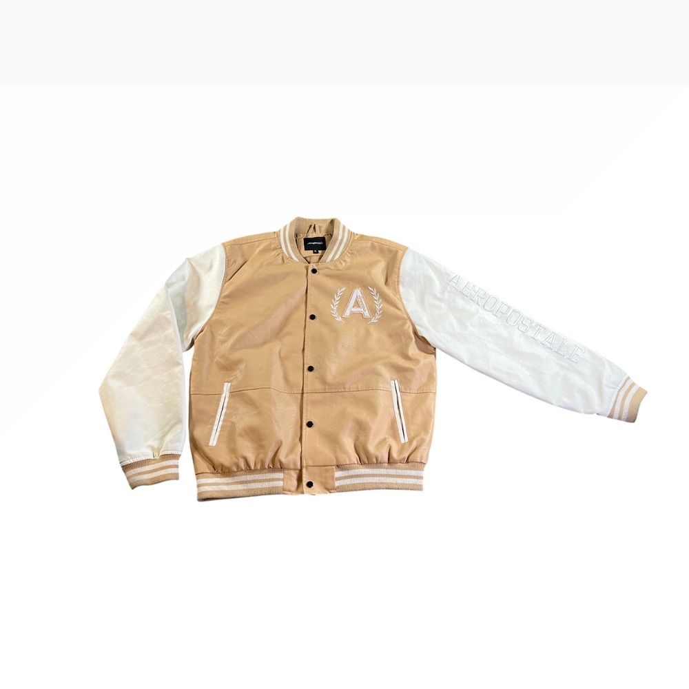 Aeropostale Varsity Jacket Mens XL Tan White Faux Leather Embroidered Bomber